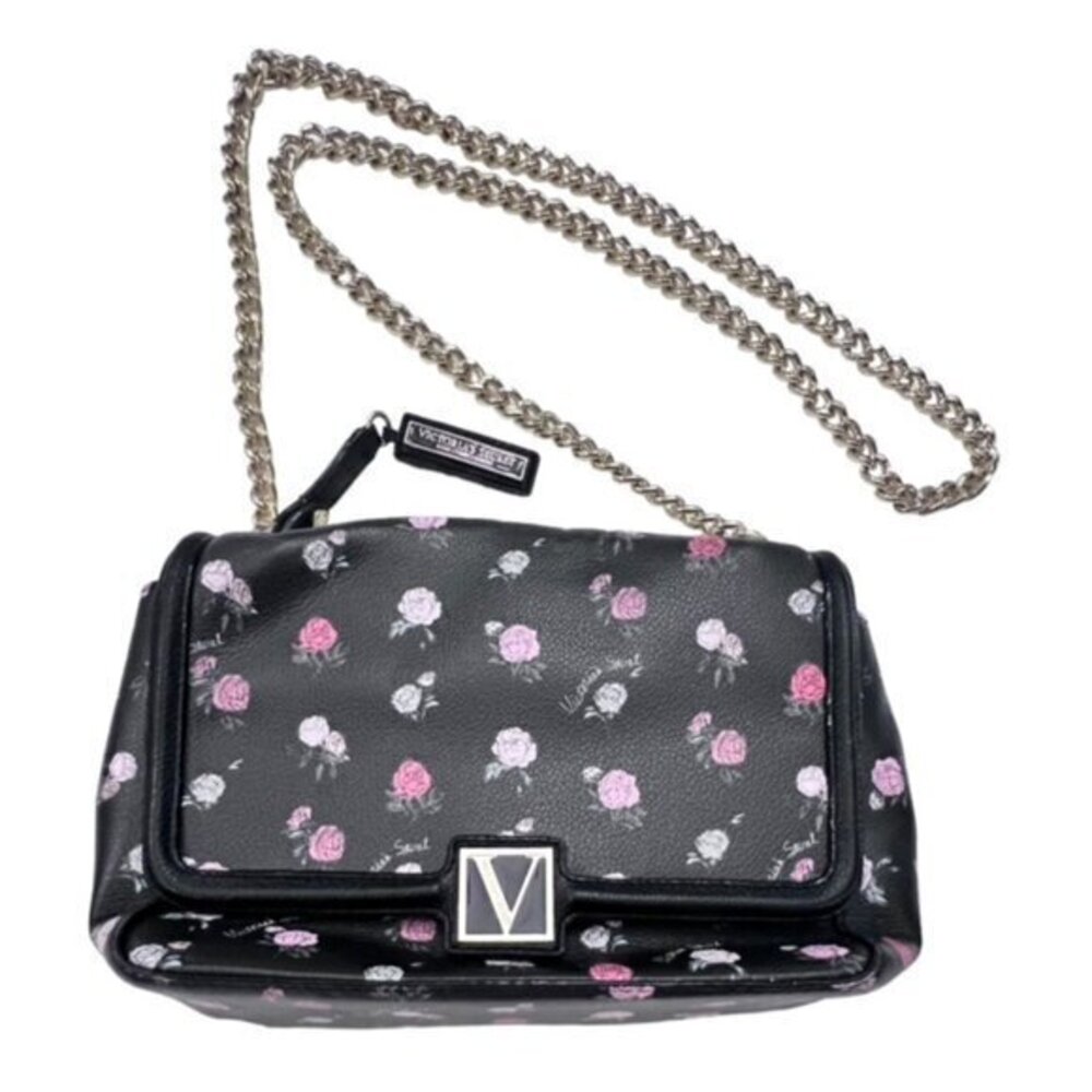 Victoria's Secret Crossbody Shoulder Bag Gold Chain Black Ditsy Floral Magnetic - Picture 1 of 10